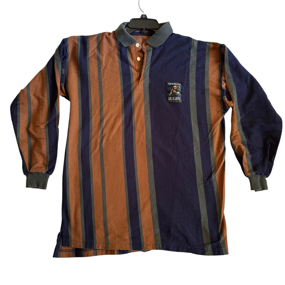 Vintage Rugby Polo Shirt Mens Large Long Sleeve Navy Rust Stripe New River 90s
